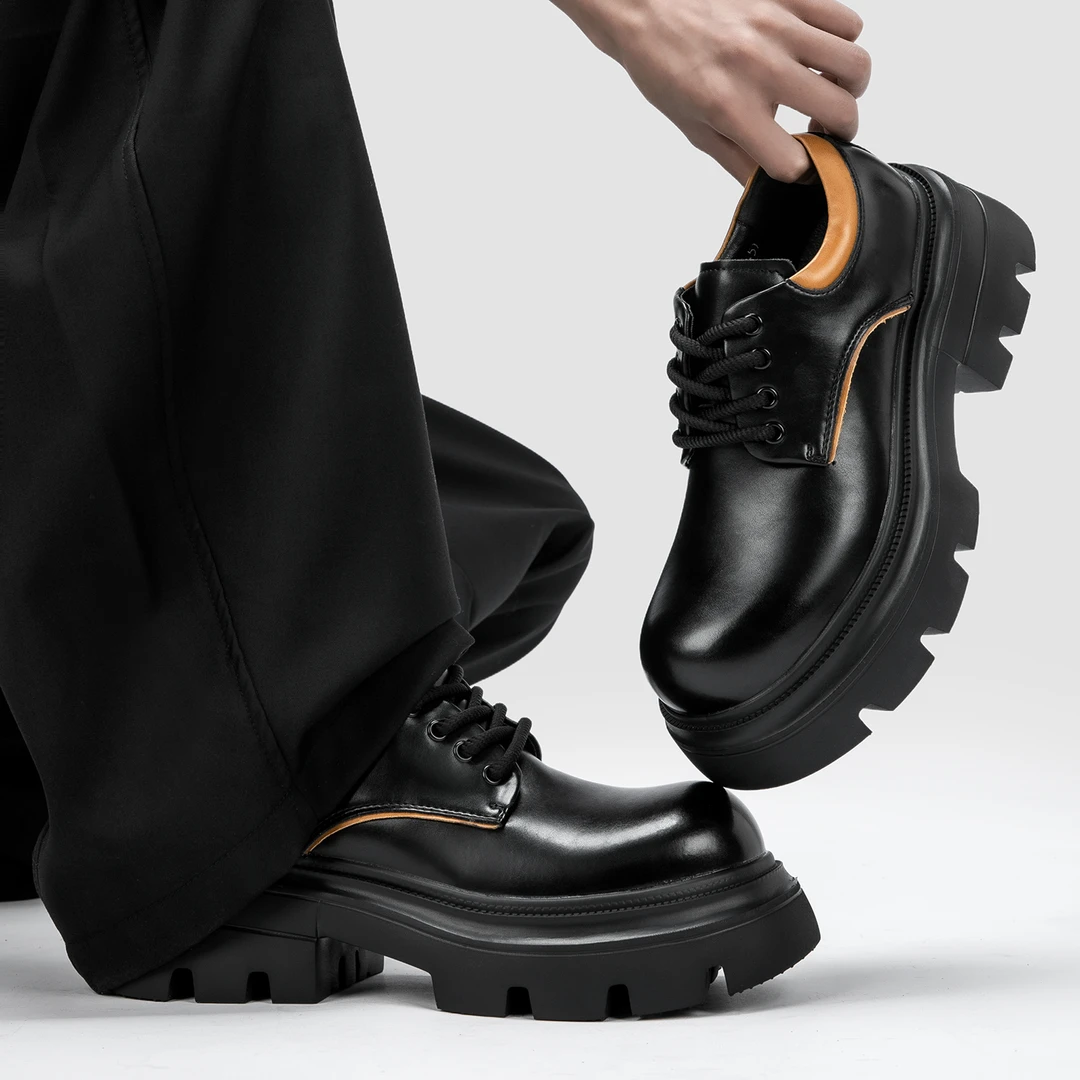 「茧甲」厚底德比鞋男士黑色休闲大头潮鞋年轻款百搭真皮增高皮鞋