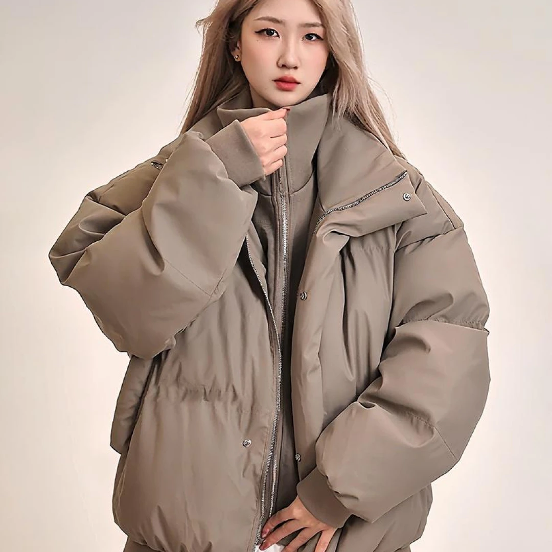 灰色假两件PU皮羽绒服男冬季保暖短款九江棉衣美式情侣立领面包服