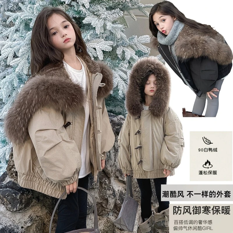 巴拉开门红2026秋冬新款儿童派克羽绒服90白鸭绒加厚真毛领男女童