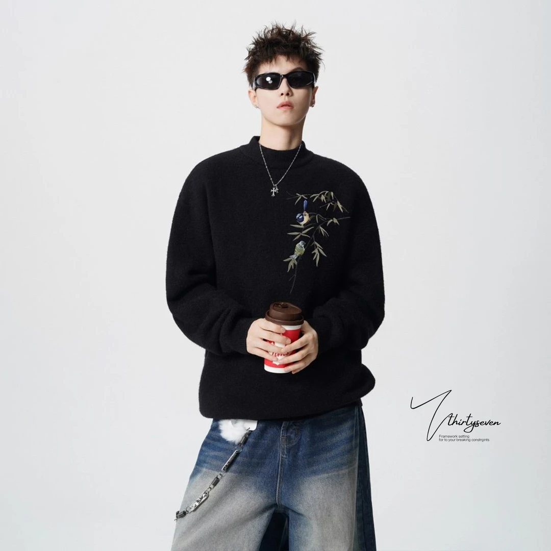 V37美式复古国风刺绣毛衣男款秋冬潮牌宽松慵懒风针织衫情侣上衣