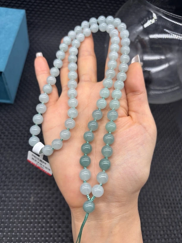 高端缅甸a货翡翠高冰起胶感晴水圆珠8mm玉石挂件绳毛衣链长链百搭