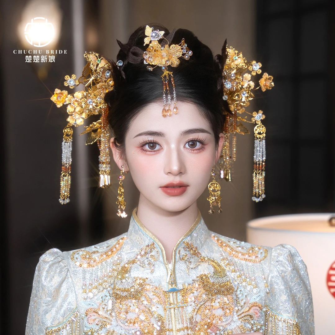 新款2025秀禾花朵流苏发饰汉服龙凤褂传统新娘婚礼古风金色头饰
