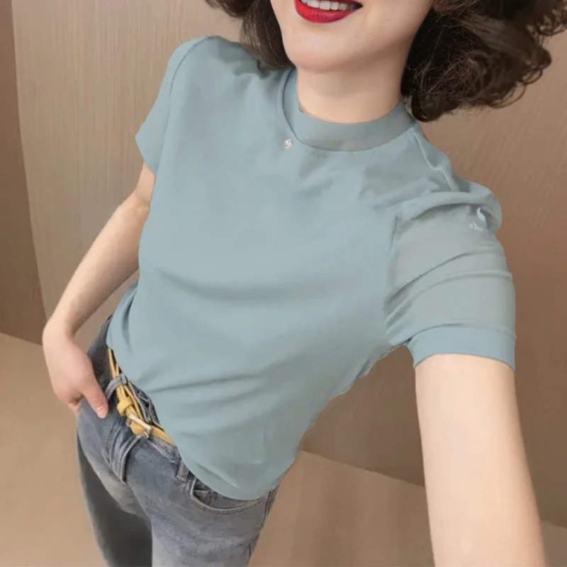 欧洲站高弹力显瘦掐腰正肩短袖打底上衣初夏时尚修身洋气女T恤ins