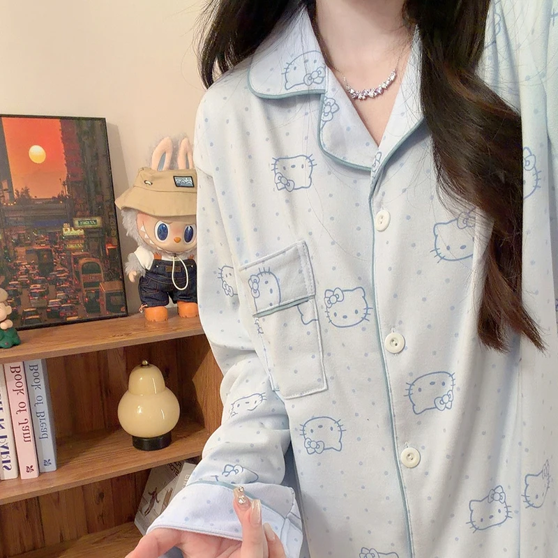 满印baby蓝kitty睡衣女生秋冬季德绒长袖甜美加厚保暖家居服套装