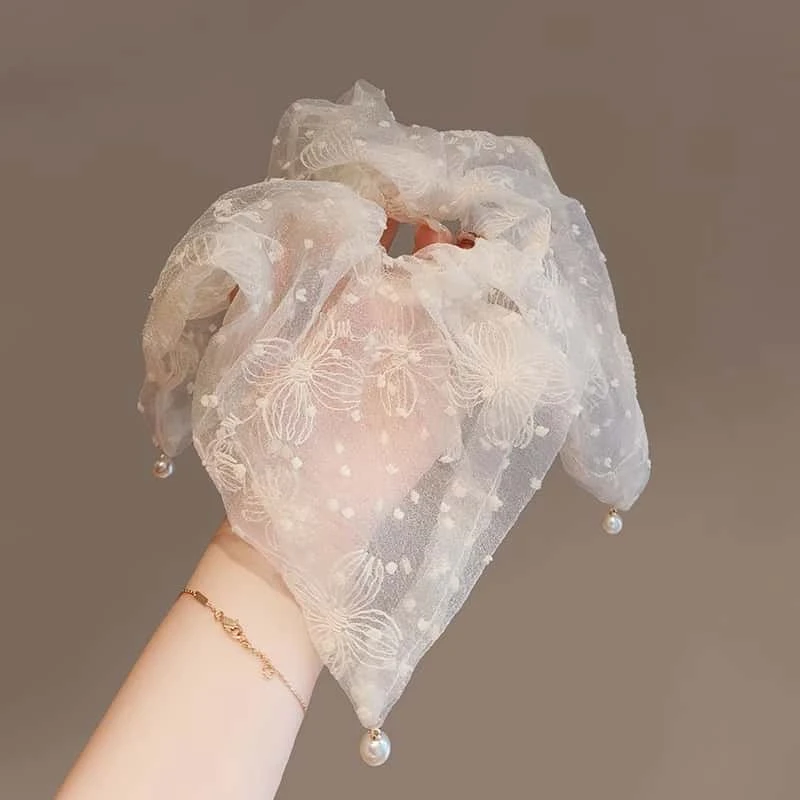 高级感发饰设计感绢纱刺绣发绳气质温柔波点珍珠方巾吊坠扎发发圈