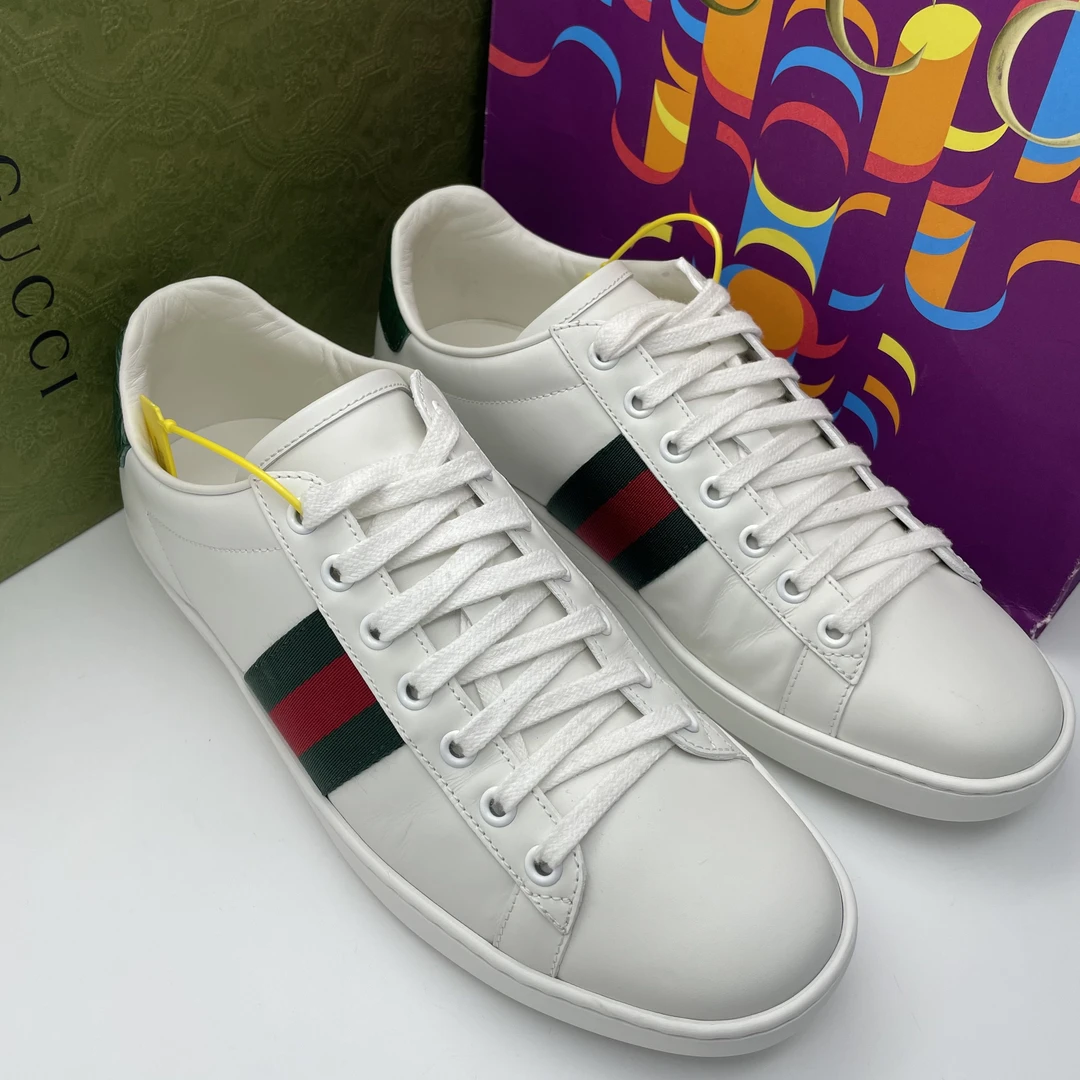 95新 GUCCI/古驰 38.5欧码/白色红绿织带鳄鱼纹后尾休闲时尚板鞋