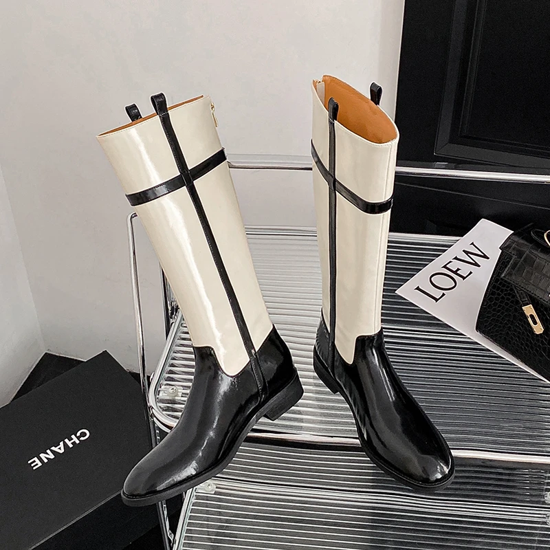 小众设计感拼色骑士靴女2025春秋新款真皮撞色英伦风不过膝长筒靴