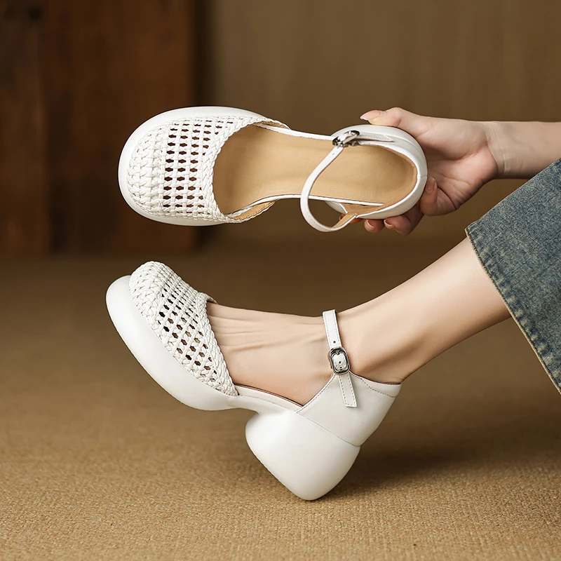 手工鞋/6cm高跟时时尚编织厚底包头凉鞋女夏包后跟增高松糕鞋M767