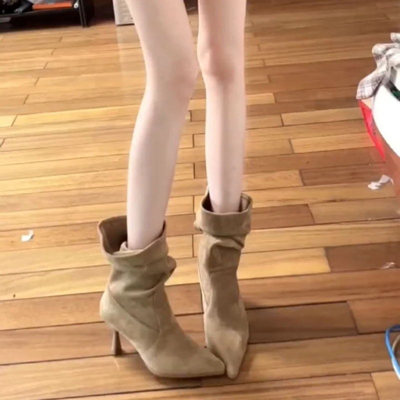 原创小众设计感OMG！春秋新款显瘦堆堆靴细跟高跟中筒靴褶皱短靴
