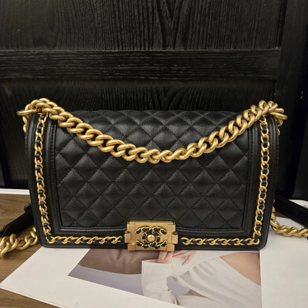 99新 Chanel/香奈儿 23P黑金荔枝牛滚边leboy中号单肩斜挎包