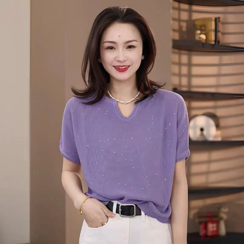 【赠运费补贴】和纸纱+珠片~高定版短袖剪刀领亮片夏季女针织衫331-
