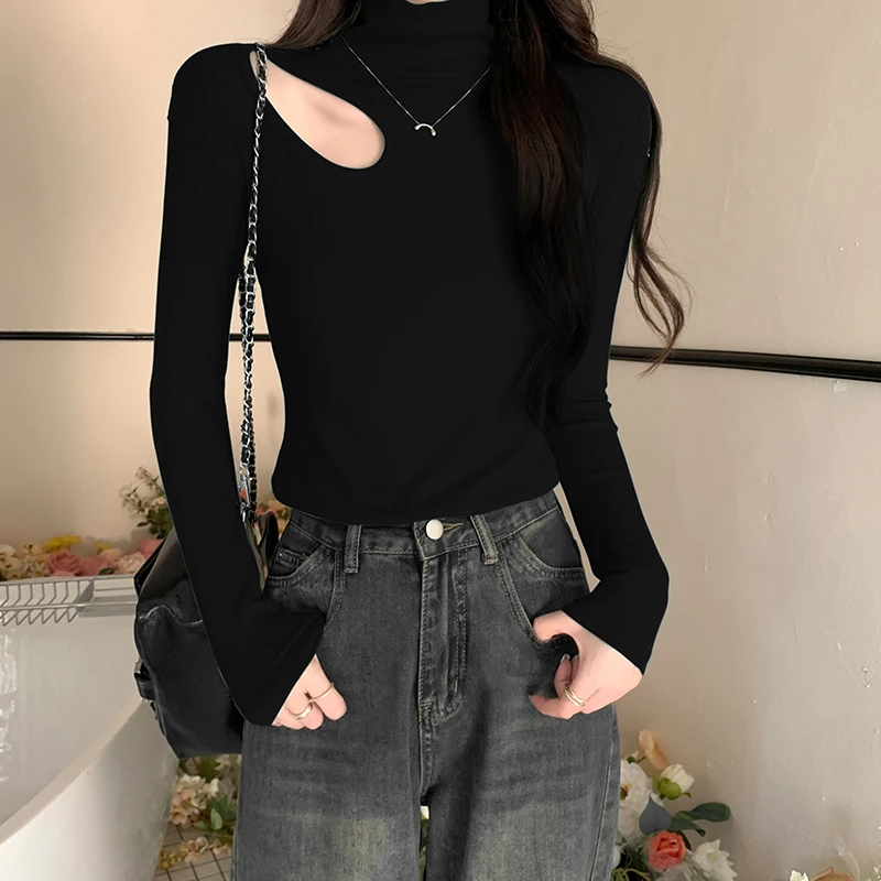 2025秋冬新款精致绝美镂空半高领长袖独特打底衫女高级感时尚上衣