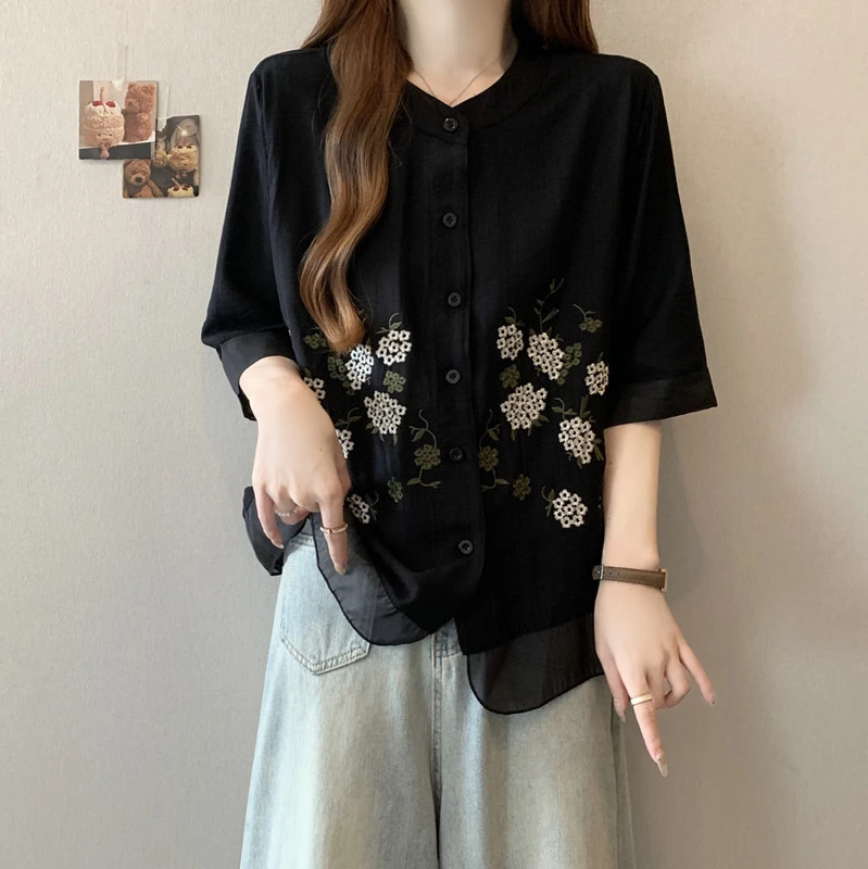 大码遮肚子小香风刺绣短袖衬衫女2025夏季胖妹妹宽松显瘦雪纺上衣