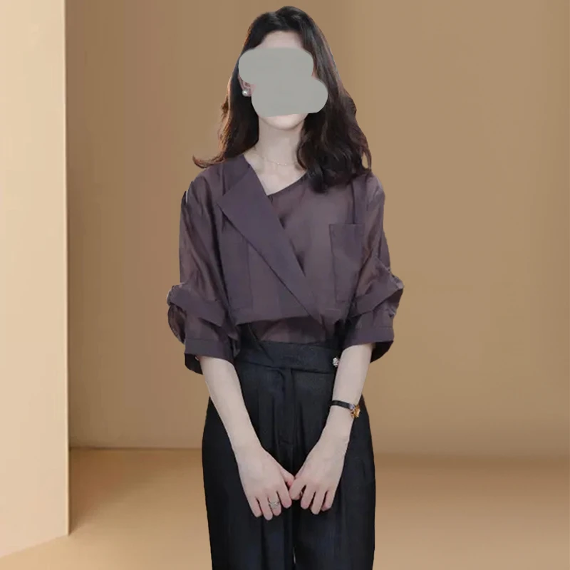 通勤独特领口设计感衬衣2025夏季时尚小众上衣遮肉显瘦中袖上衣女