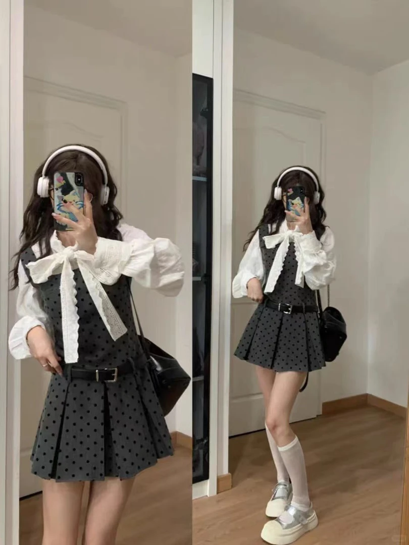 波点大码A字裙连衣裙针织娃娃领百搭高腰春季减龄复古显瘦-6896