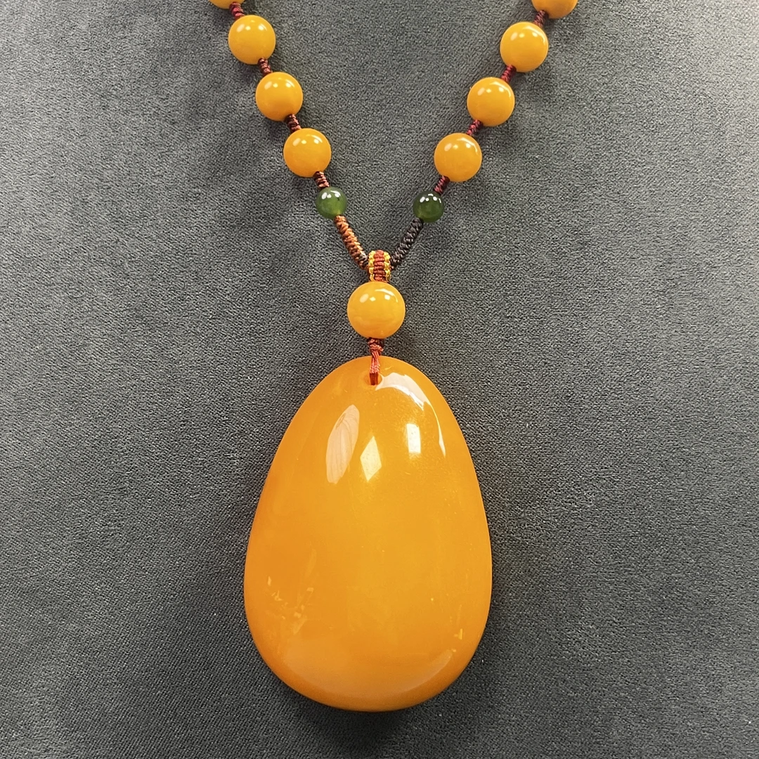 【天香如易】天然琥珀蜜蜡老蜡水滴吊坠+链子