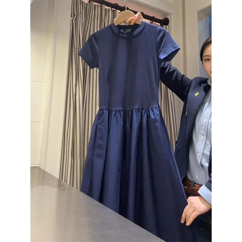 上流社会法式名媛气质女神范轻奢高级感绝美藏蓝色T恤连衣裙早秋