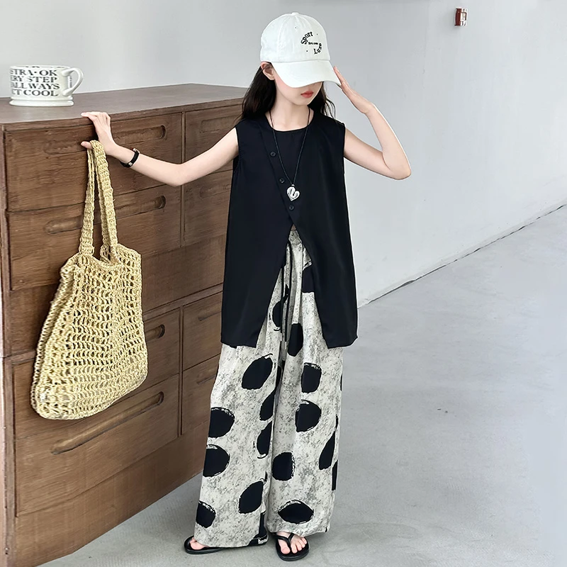 女童爆款中长款无袖T恤圆点阔腿裤2025新款夏季儿童设计感套装潮