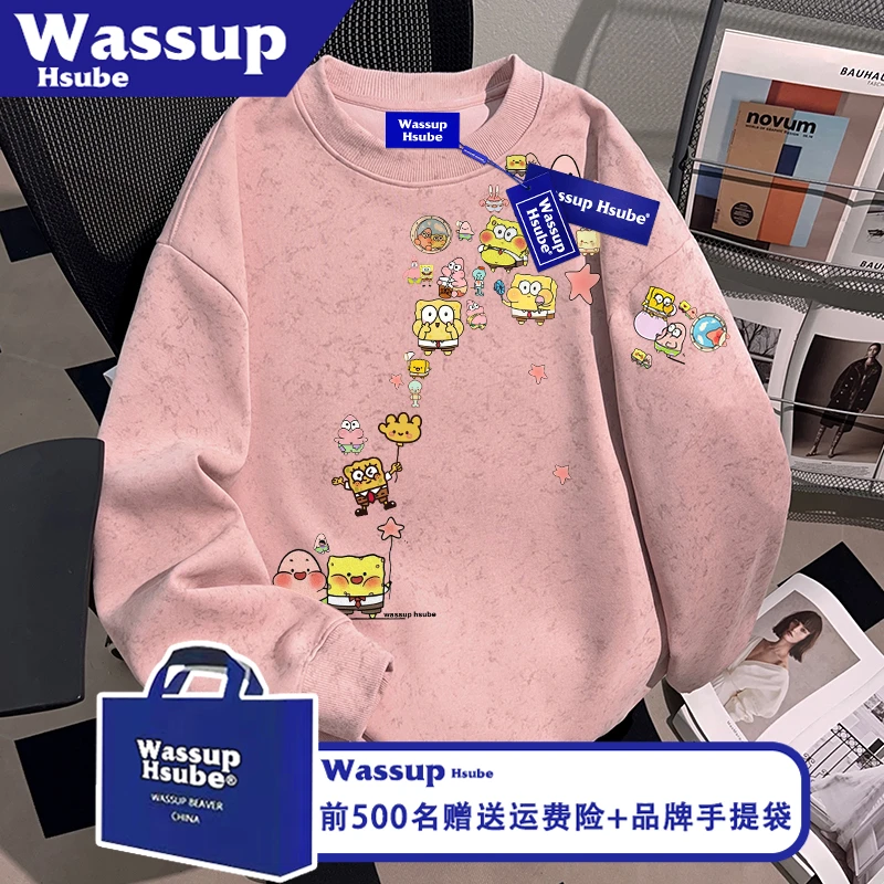 WASSUP HSUBE秋冬海绵宝宝印花圆领卫衣男女学院风粉蜡染套头上衣
