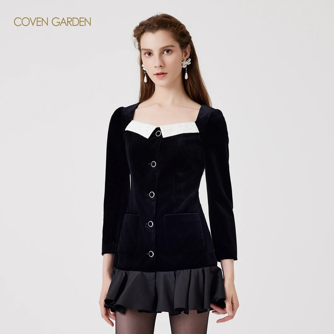 【若谷粉丝专属】哥文花园荷叶边弹力丝绒连衣裙CLA3084490