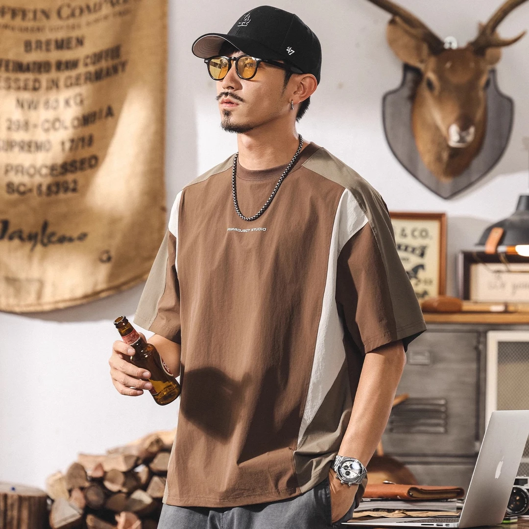 美式小众拼色薄款T恤男短袖夏季宽松户外机能速干衣潮牌半袖上衣