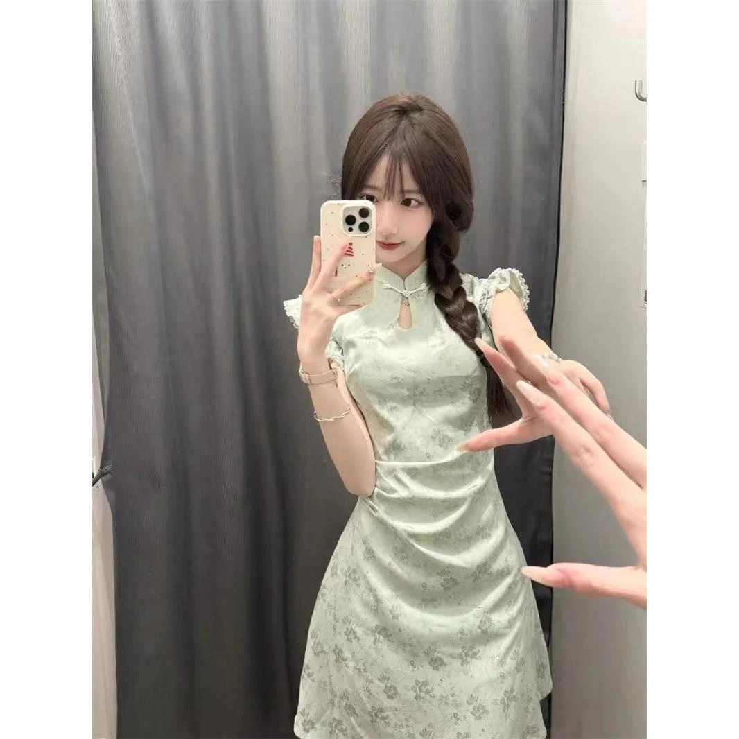 改良旗袍女夏季国潮气质连衣裙小飞袖收腰短款绿色聚酯休闲