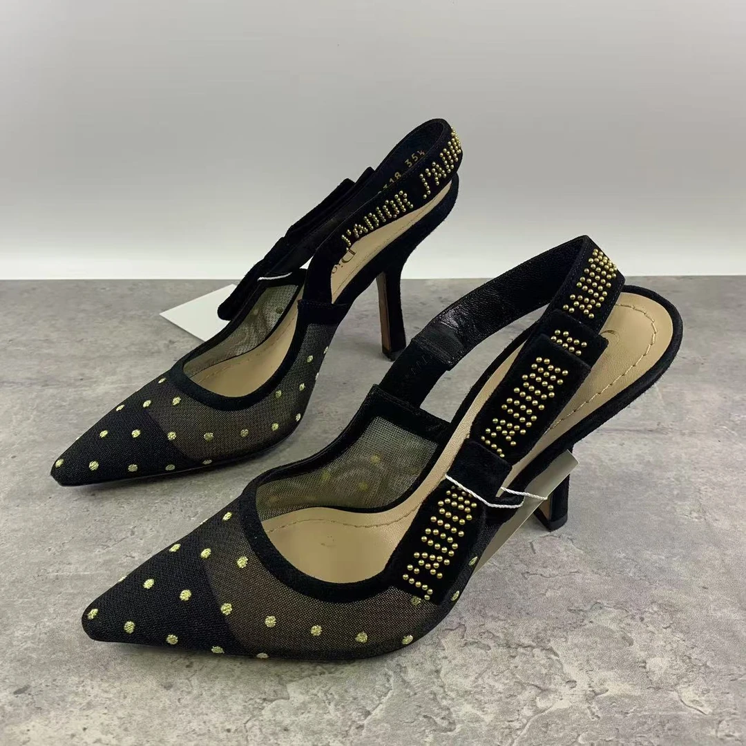 95新 DIOR/迪奥 35.5码/米亚女鞋/黑色波点一字带高跟鞋 wsp435