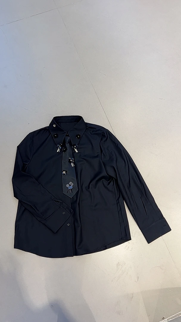 【滨海名都专属】气质显瘦翻领送领带钉珠花朵长袖雪纺衬衫女春季