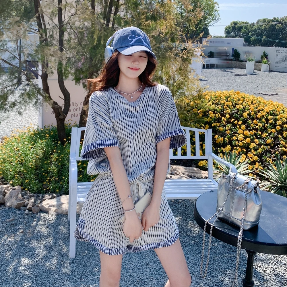 休闲时尚格子短裤套装女夏2025新款小个子独特漂亮两件套ootd穿搭