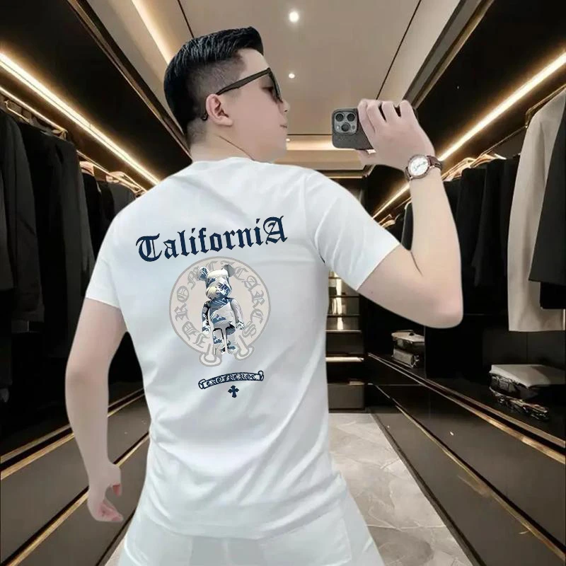 潮牌男士冰丝短袖T恤2025夏季新款经典字母印花修身百搭圆领体恤