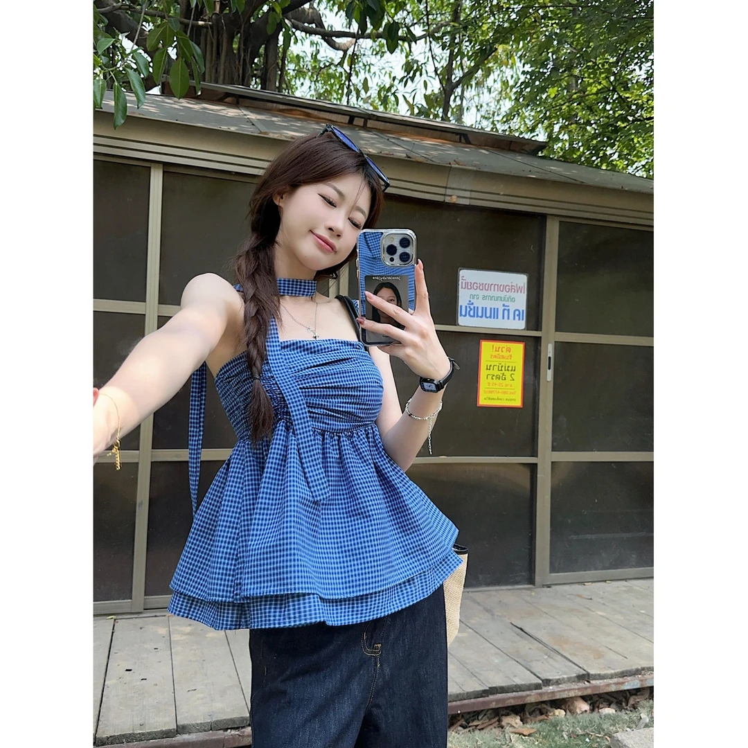 巧克少女甜辣妹风复古格子吊带背心女装夏季显瘦百搭褶皱无袖上衣