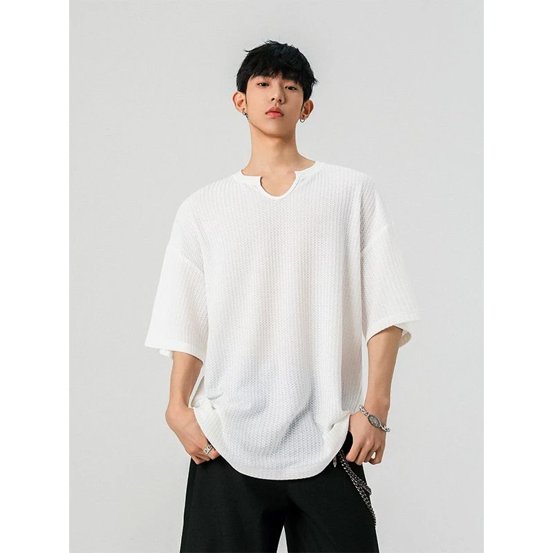 日系复古纹理短袖T恤男女潮牌高级感抗皱半袖纯色V领打底休闲上衣