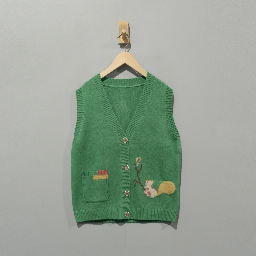 【且听风吟】0616363文艺百搭V领小松鼠提花开衫马甲 衣长60胸围106