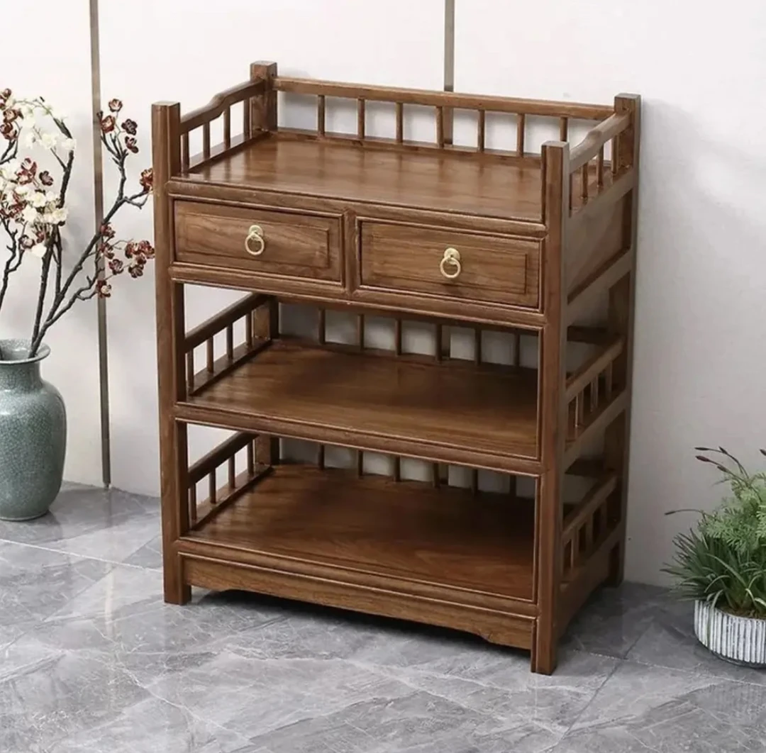 置物架餐边柜茶边柜北方老榆木北美胡桃色博古架