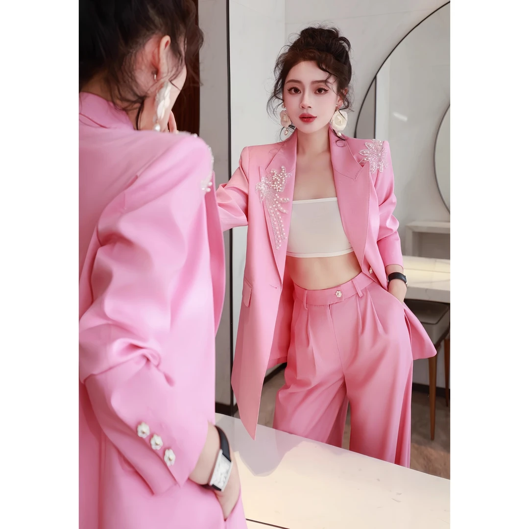 气场强大轻奢高级感轻熟名媛春季新款手工钉珠花朵西装长裤套装女
