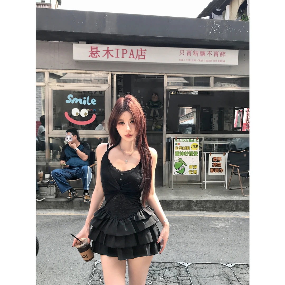 Mejiu蜜九【蕾丝绮梦】黑色连衣裙蕾丝辣妹设计名媛纯欲风气质