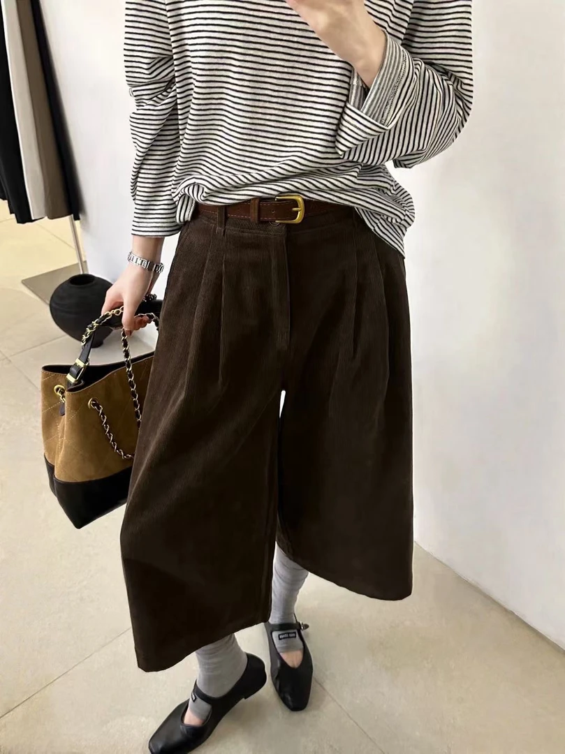 秋款2025复古显瘦灯芯绒八分裤女百搭直筒休闲裤宽松慵懒阔腿裤