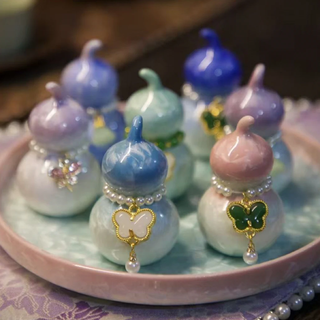 窑变结晶釉粉青渐变小葫芦茶道摆件可作香插