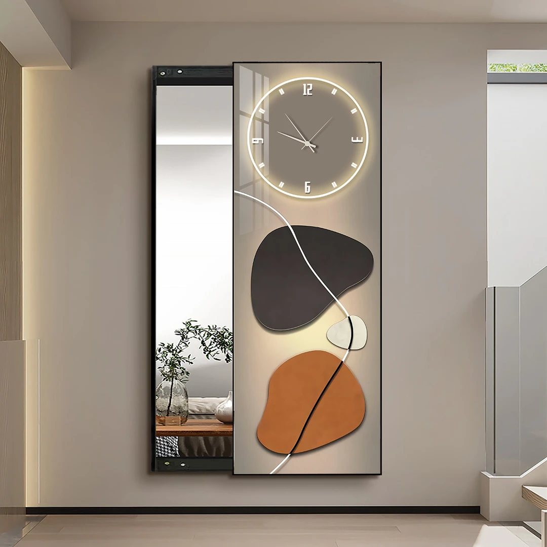 意式轻奢隐形全身镜推拉隐藏式镜子带时钟挂钟表试衣镜壁挂穿衣镜