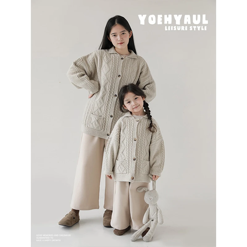 清 幼悠 冬一波CD0473毛衣开衫冬季大码复古纯色翻领针织衫亲子装