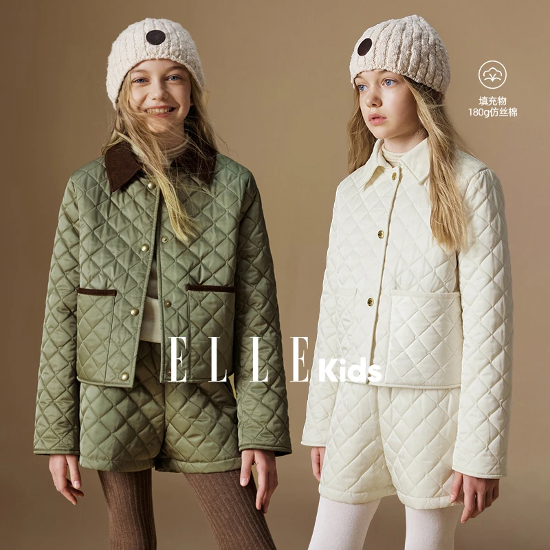 ELLE KIDS 灯芯绒翻领棉服女童冬季新款复古菱格撞色外套D1