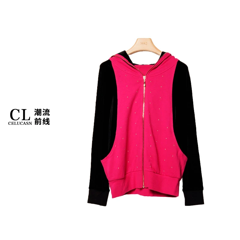 S4QBZ0196#秋季复古短款卫衣女撞色拼接连帽开衫外套设计感上衣