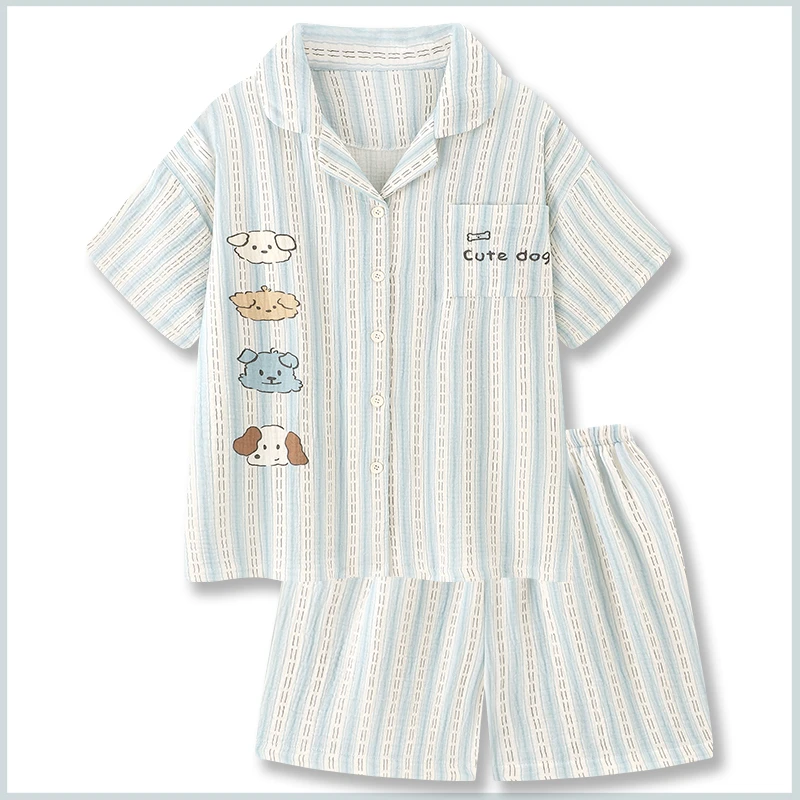 『小狗乐园』睡衣女款新款短袖套装条纹纯棉婴儿棉纱家居服纯棉睡衣