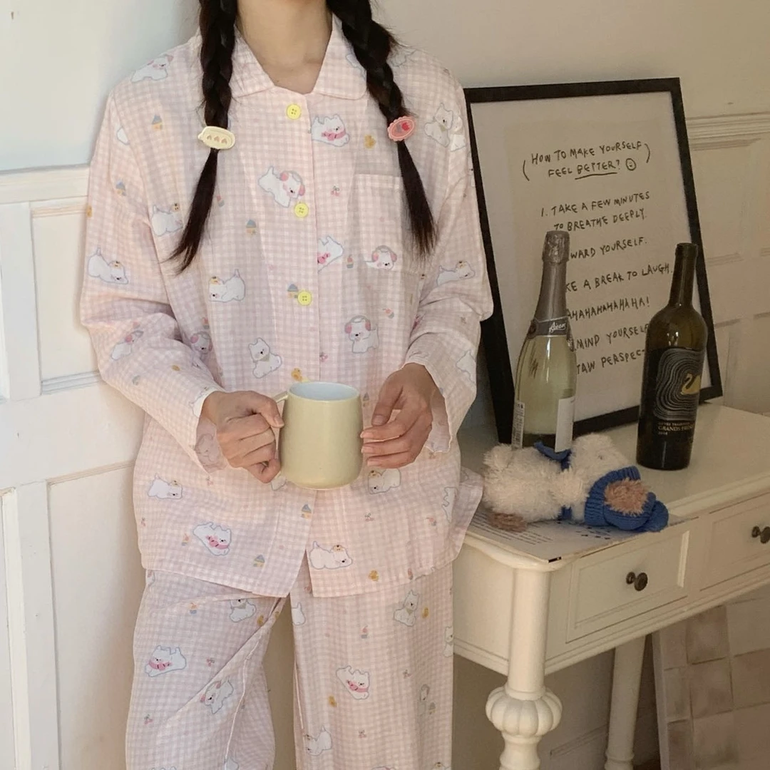 双层纱卡通小清新短袖长裤睡衣女夏季可爱家居服套装 ly