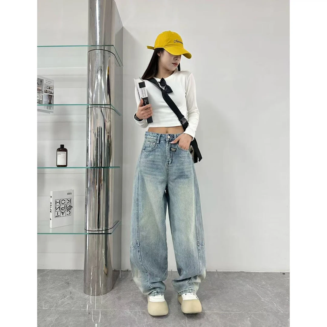 TT原创 EZ8505水洗牛仔裤设计感高腰弯刀裤老爹堆堆裤