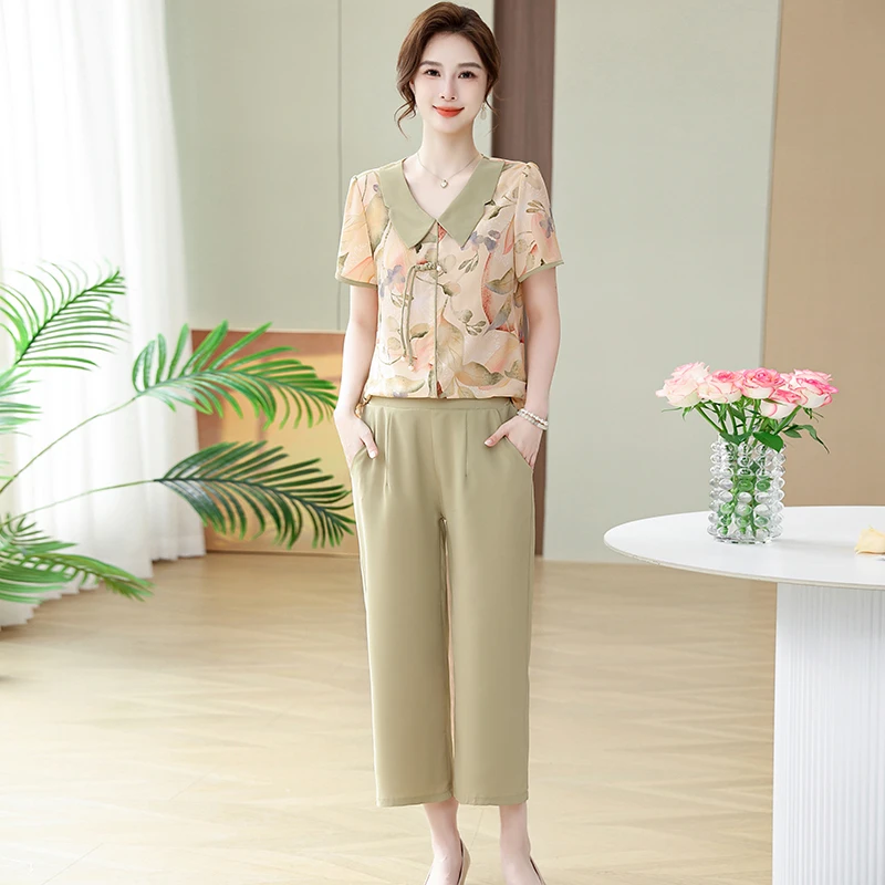 新款妈妈洋气套装中老年女装夏季短袖T恤上衣减龄两件套