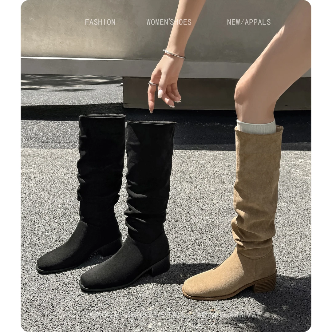 美拉德西部牛仔堆堆靴女胖mm长筒靴粗腿骑士靴大筒围高筒大码靴子