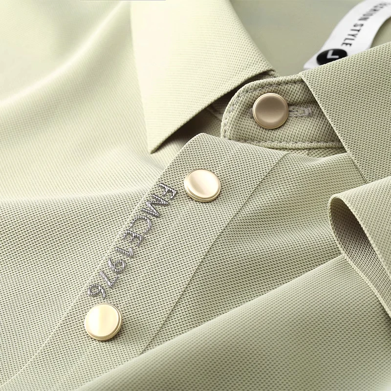 轻奢级无痕压胶冰丝polo衫男士短袖修身商务休闲烫金字母翻领t恤