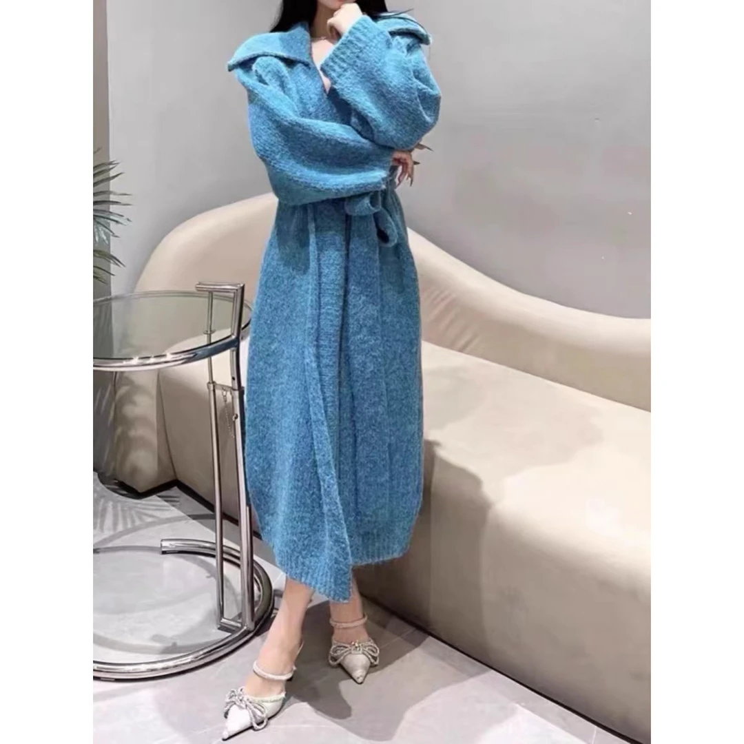 跨境秋冬马海毛针织大衣外套女高级感腰带宽松慵懒风长款毛衣开衫