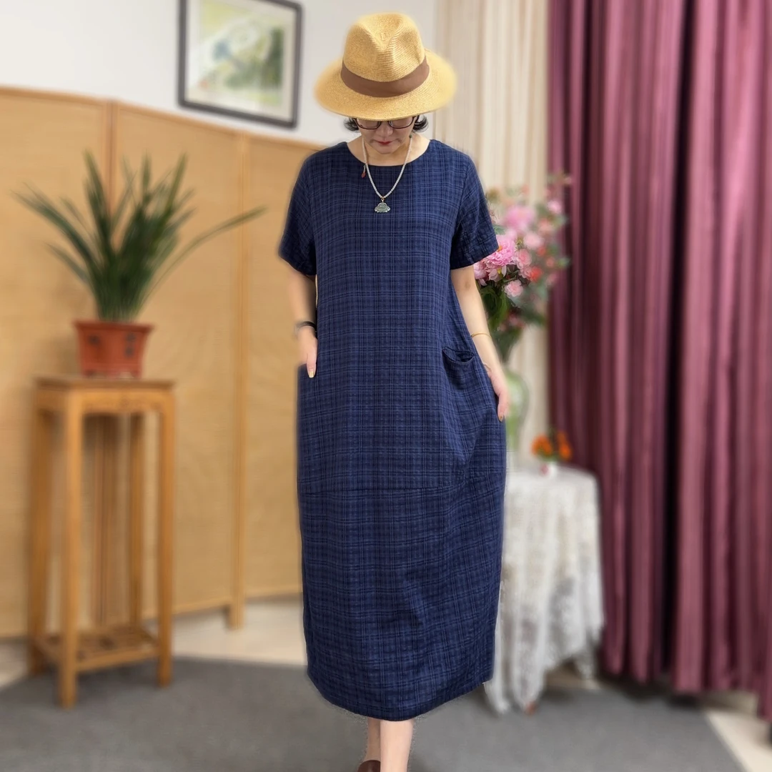 夏季简约宽松纯色格子直筒裙茧型圆领短袖时尚大版棉麻连衣裙Q12